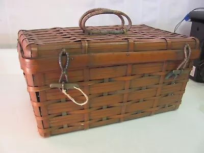 Vintage Hand-Woven Basket Double Handles With Brass Hinges • $29.99