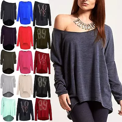 Womens Off Shoulder Knit Hem High Low Dip Dipped Oversized Bardot Top Plus Size • £5.89