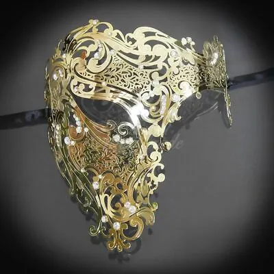 Masquerade Mask | Gold Metal Masquerade Mask Phantom Half Face Mask Rhinestones • $19.51