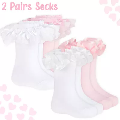 2 Pack Baby Girls Frilly Socks Newborn Toddler Tutu Satin Frill Lace Cotton Rich • £4.49