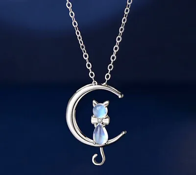 Women Moonstone Cat Pendant Chain Necklace 925 Sterling Silver Jewellery Gift UK • £3.49