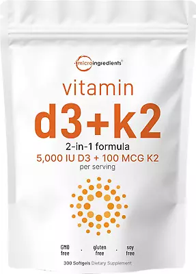 Micro Ingredients Vitamin D3 5000 IU With K2 100 Mcg (300 Soft-Gels) • $37.99