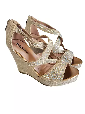 Bella Marie Santo Women's Rhinestone Wedge Sandal Gold Size 6 | NWOB • $20.50