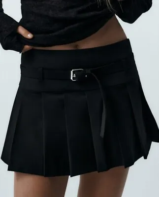 ZARA NWT Black Pleated Midi Skort Belted Size XS  • $34.99