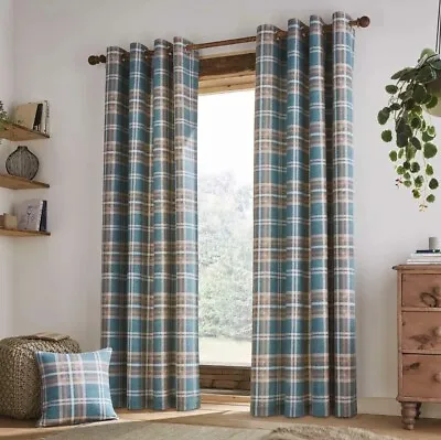 Catherine Lansfield Tweed Woven Check Teal Eyelet Curtains Ring Top Curtain Pair • £47