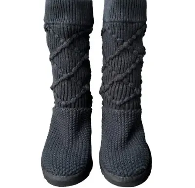 UGG Australia Black Knit Classic Argyle Boots  Size 6 Winter Fall Slides • $30