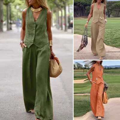 UK Womens V Neck Sleeveless Tank Tops Vest Wide Leg Casual Trousers Sets Suit • £21.84