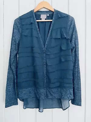 Vanessa Virginia Anthropologie Cardigan Top L Large Teal Blue Split Back Blouse • $5.40