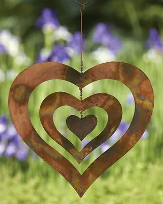 Flamed Copper Finish Spinning Heart Metal Garden Art Hanging Triple Spinner  • $22.90