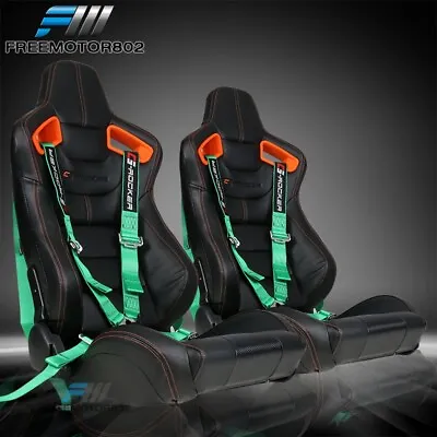 Adjust Universal Racing Seat PU Carbon & Dual Slider & Cam-lock Seat Belt GRN X2 • $399.99