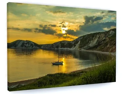 £38.85 • Buy Sunset Sea Beach Boat Canvas Picture Print Wall Art Chunky Frame Large