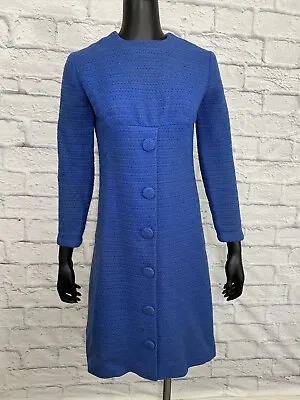 Handmade Blue Mod Midi Dress Vintage 60s L Long Sleeve Big Buttons Lined • $19.99