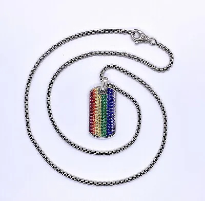 David Yurman Silver Streamline Rainbow Pride Dog Tag Pendant &Chain Original Box • $2350