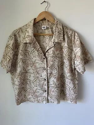 Ghanda Women's Beige Fauna Linen Cotton Cropped Button Shirt Sz M Vgc • $25