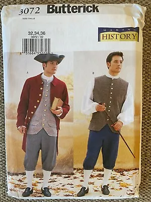 Sewing Pattern Butterick 3072 Colonial Coat Vest Shirt Hat Mens Size 32-34-36 • $10.95