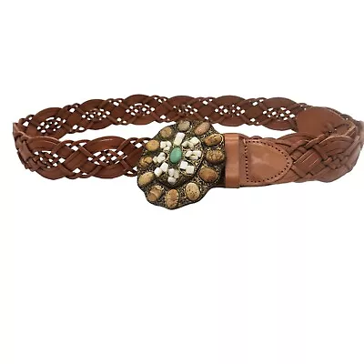 CAbi Tan Leather Braided Woven Belt Turquoise Stone Buckle Size Medium Western • $22.49