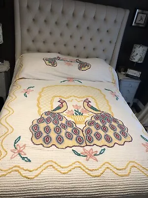 Vintage Stunning DOUBLE PEACOCK Chenille Bedspread 88  X 104” Floral Mid Century • $110