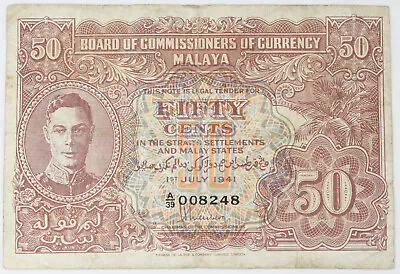 British Malaya Board Of Commissioners 1941 50 Cent Banknote Pick#-10 VF • $29.99