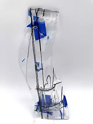 Art Glass Fused Glass Miniature Wall Pocket Bud Vase Blue Clear Black • £14.24