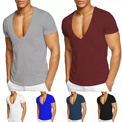 100% Cotton Men's Short Sleeve Deep V Neck T Shirt Slim Fit Clubwear Office Top • $12.85