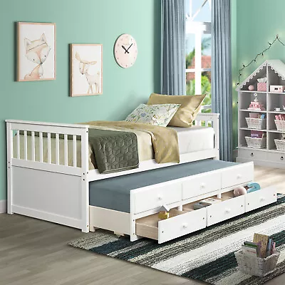 Twin Size Bed Frame Wood Trundle Storage Drawers Mattress Foundation Save Space • $535.99