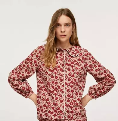 $34.99 • Buy Mango Floral Cotton Peter Pan Collar Blouse Small Red