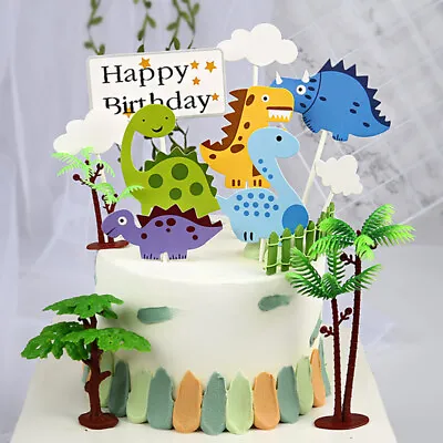  9 Pcs Cake Picks Toppers Cartoon Happy Birthday Dinosaur Cupcake Decorate • £4.33