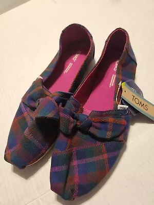 TOMS Dark Fuchsia Plaid With Bow Alpargata Shoes Size 9.5 Womens • $1