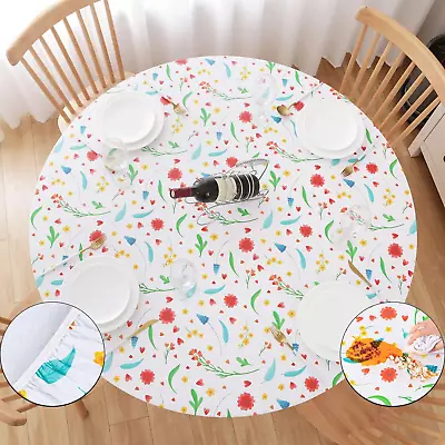 Round Fitted Vinyl Tablecloth With Elastic Edged & Flannel Backing Waterproof W • $21.53