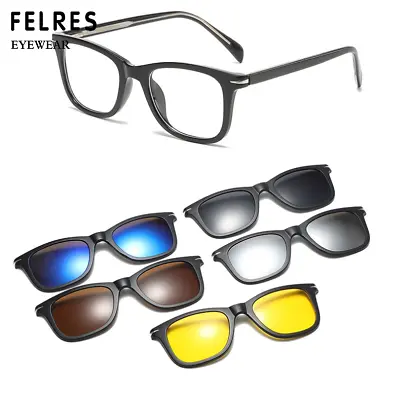 5 In 1 Unisex TR90 Magnetic Clip On Polarized Sunglasses Square Glasses Frames • $19.77