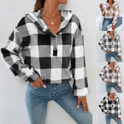 Women's Check Hoodie Hooded Baggy Long Sleeve Shirt Casual Loose Sweatshirt Tops • £8.59