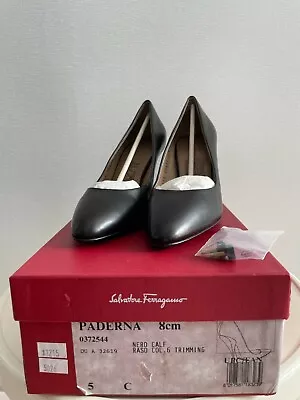 Salvatore Ferragamo Paderna 8cm Black Leather Shoes Pumps Size 5 C New In Box • $699.95