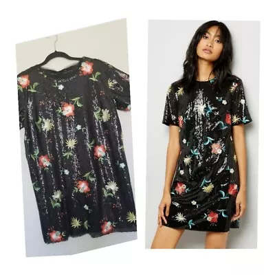 ZARA Black Shift Dress Sequin & Embroidered Flowers Short Sleeve Party Sz M NWT • $49.98