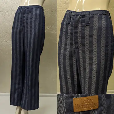 Vintage 1970's Ladies LADY WRANGLER Blue Striped Denim Jeans Wide Leg Mid Rise • $65