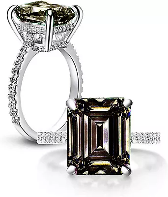 5.68 Ct VVS1: :BROWN WHITE EMERALD CUT MOISSANITE DIAMOND SILVER RING-SIZE 7 • £0.80