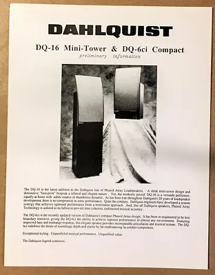 Dahlquist DQ-16 DQ-6ci Speaker  Dealer Spec Sheet *Original* • $12.97
