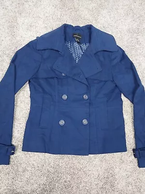 Moda International Womens Blue Double Breasted Jacket Size Medium Lined EUC  • $14.39