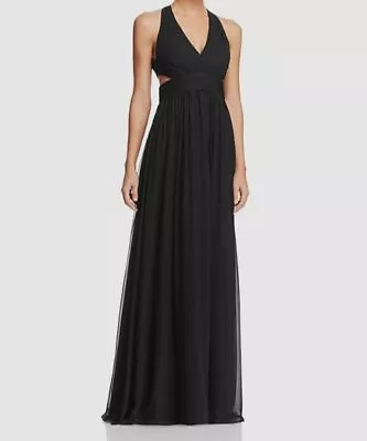 $385 Aidan Mattox Womens Black Cutout V-Neck Sleeveless Silk Gown Dress Size 14 • $123.58