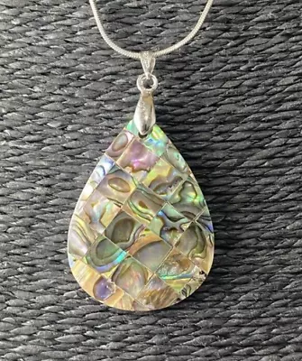 Shimmering Abalone Paua Shell Tear Drop Silver Tone Necklace Boho Beach • £5.99