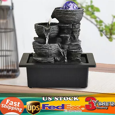 Indoor Water Fountain LED Light FengShui Waterfall Ornament Tabletop Home Decor • $34