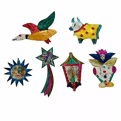 Lot Of 6 Vintage Mexican Folk Art Punched Tin Hand Painted Christmas Ornaments • $29.96