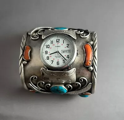 Men Navajo Native American Watch Cuff Sterling Turquoise Coral 3  Wearable 6.1oz • $495