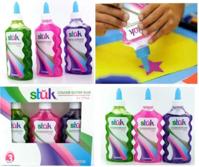 $8.99 • Buy Stuk Colour Glitter Glue 3 X 177ml Bottles Green + Purple + Pink Pack Art Slime