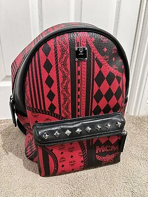 MCM Stark Studded Medium Ruby Red Baroque Print Backpack Bag - Rare • £200