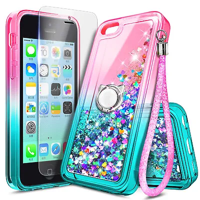 For IPhone 5C Case Liquid Glitter Bling Ring Stand W/ Screen Protector & Lanyard • $10.98