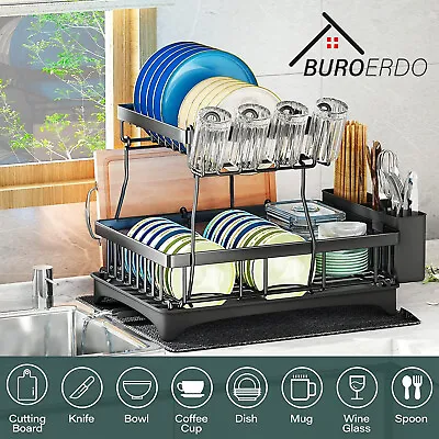 BUROERDO 2 Tier Large Dish Drying Rack And Drainboard Set For Kitchen Counter AU • $36.65
