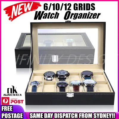 6/10/12 Grids Leather Watch Box Organizer Case Jewelry Display Storage Showcase • $17.95