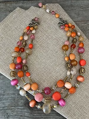 Vintage 1950's Pink & Orange & Gold Tone Filigree Beaded 3 Strand Necklace • $4.99