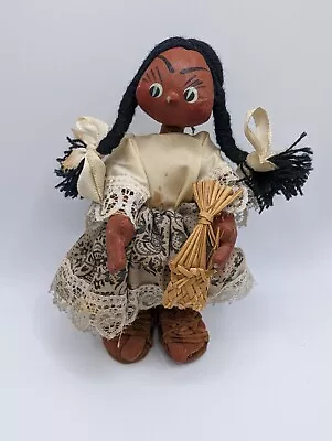 Mexican Doll Folk Art Oil Cloth Girl With Leather Sandals 60s-70s VINTAGE • $22