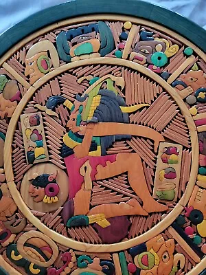 Mayan Calendar Mexican Folk Art Wall Hanging Wood Inlay Lacquer Finish 17 • $165